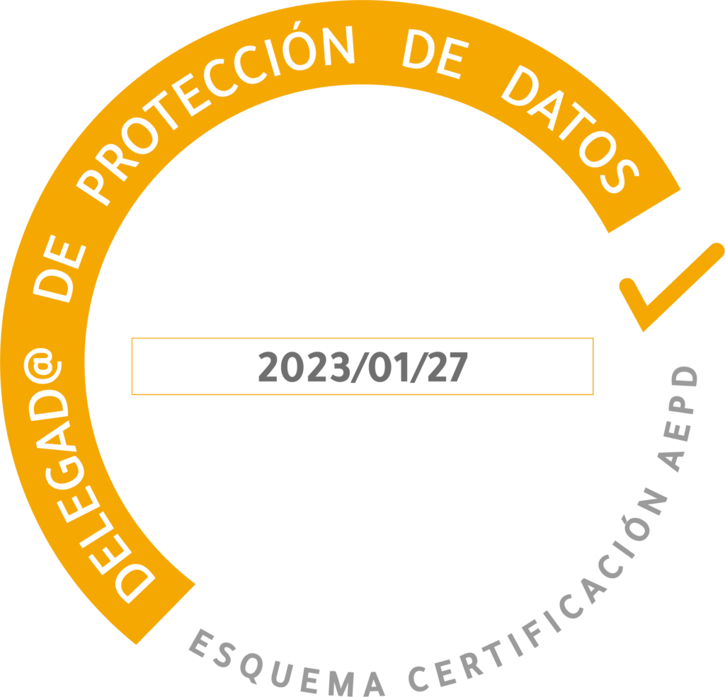 Logo que acredita que Geccos es delegado de protección de datos certificado. Aparece además la fecha de la certificación.